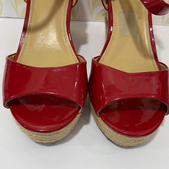 Lane Bryant Cherry Red Patent Leather Espadrille Wedge Sandals With Ankle Strap - Picture 6 of 9